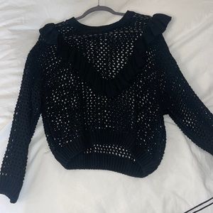 Womens Black Crochet Ruffle Sweater